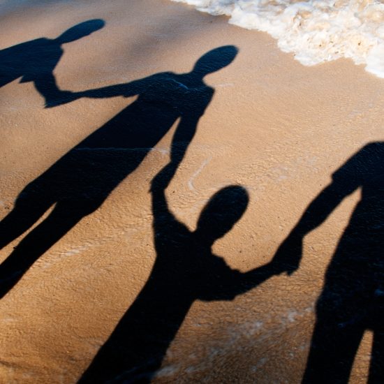 Shadows of children and adults holding hands on the beach